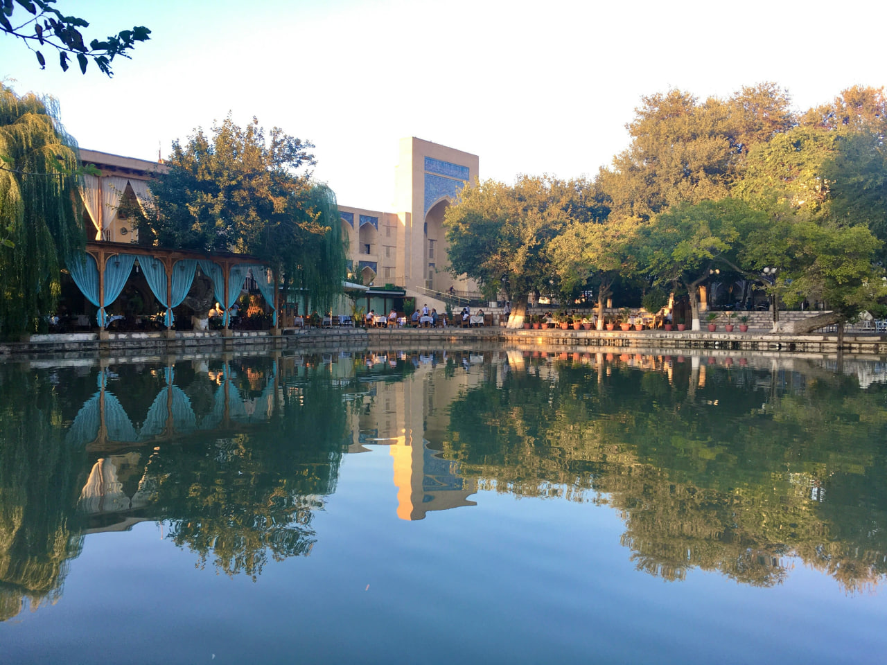 Courtyards and tiled architecture in Bukhara city center.