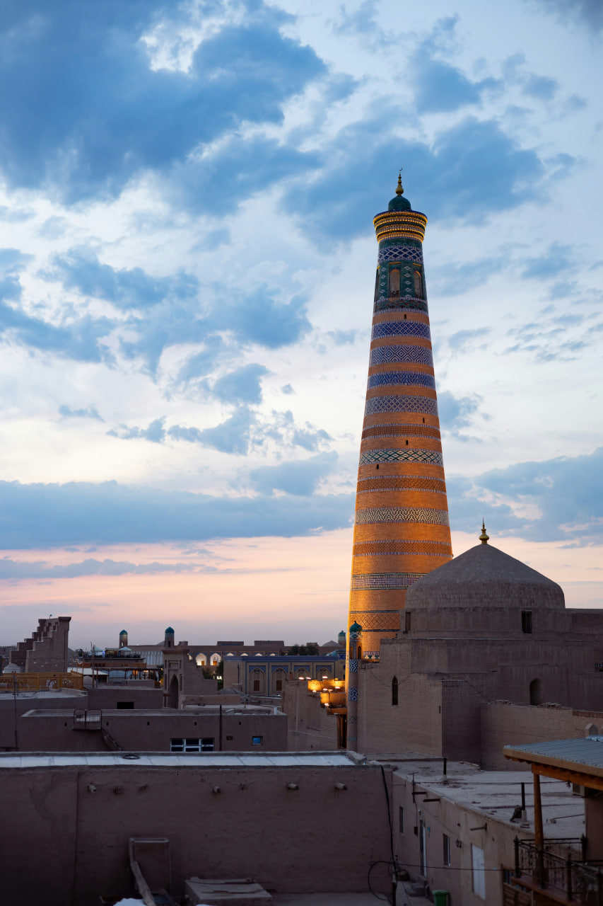 Wooden pillars and courtyard of Juma Mosque, Khiva.