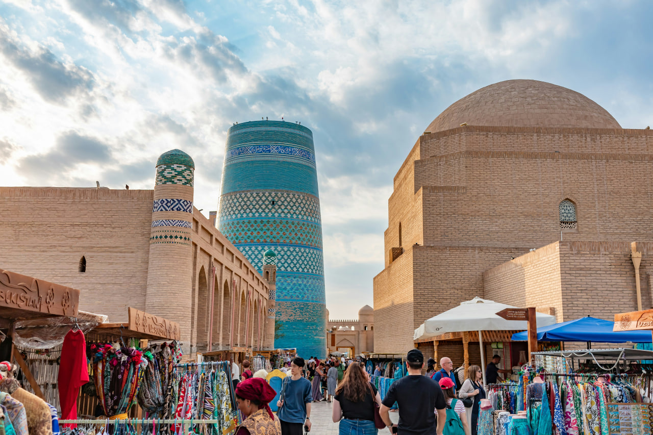 Panoramic view of Khiva old town with its clay walls and domes.