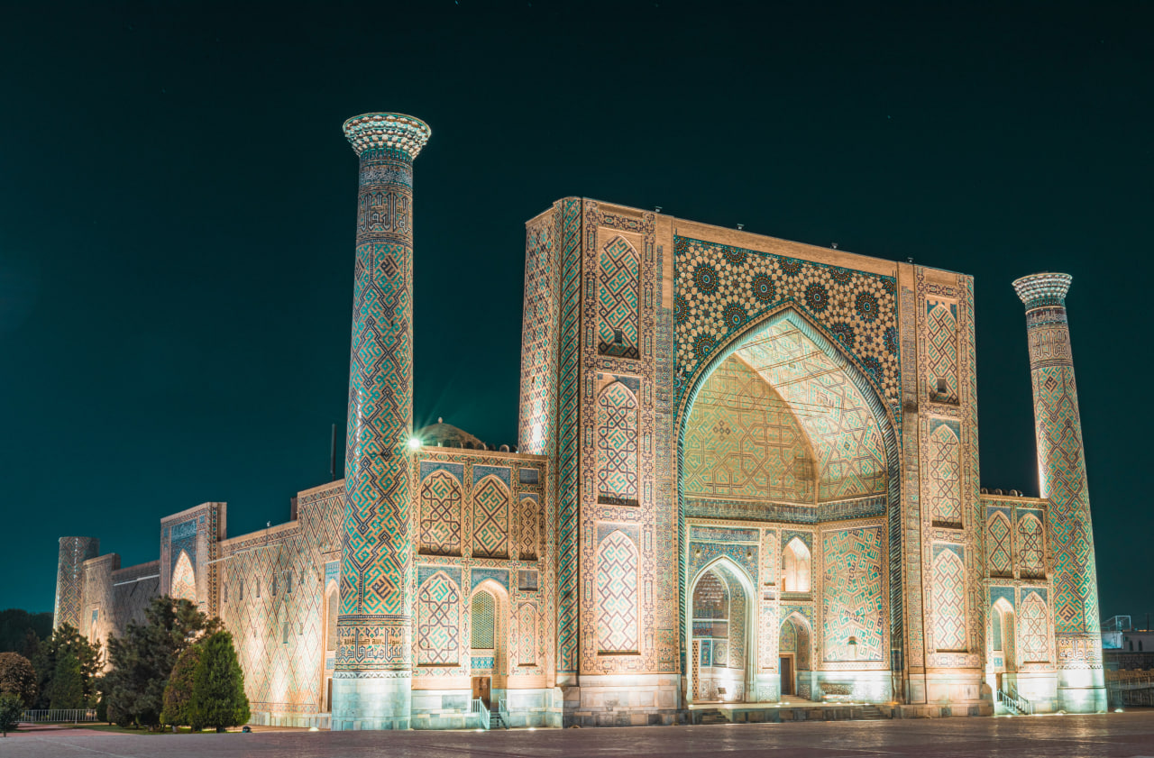 Panoramic drone view of old Samarkand and its historic monuments.