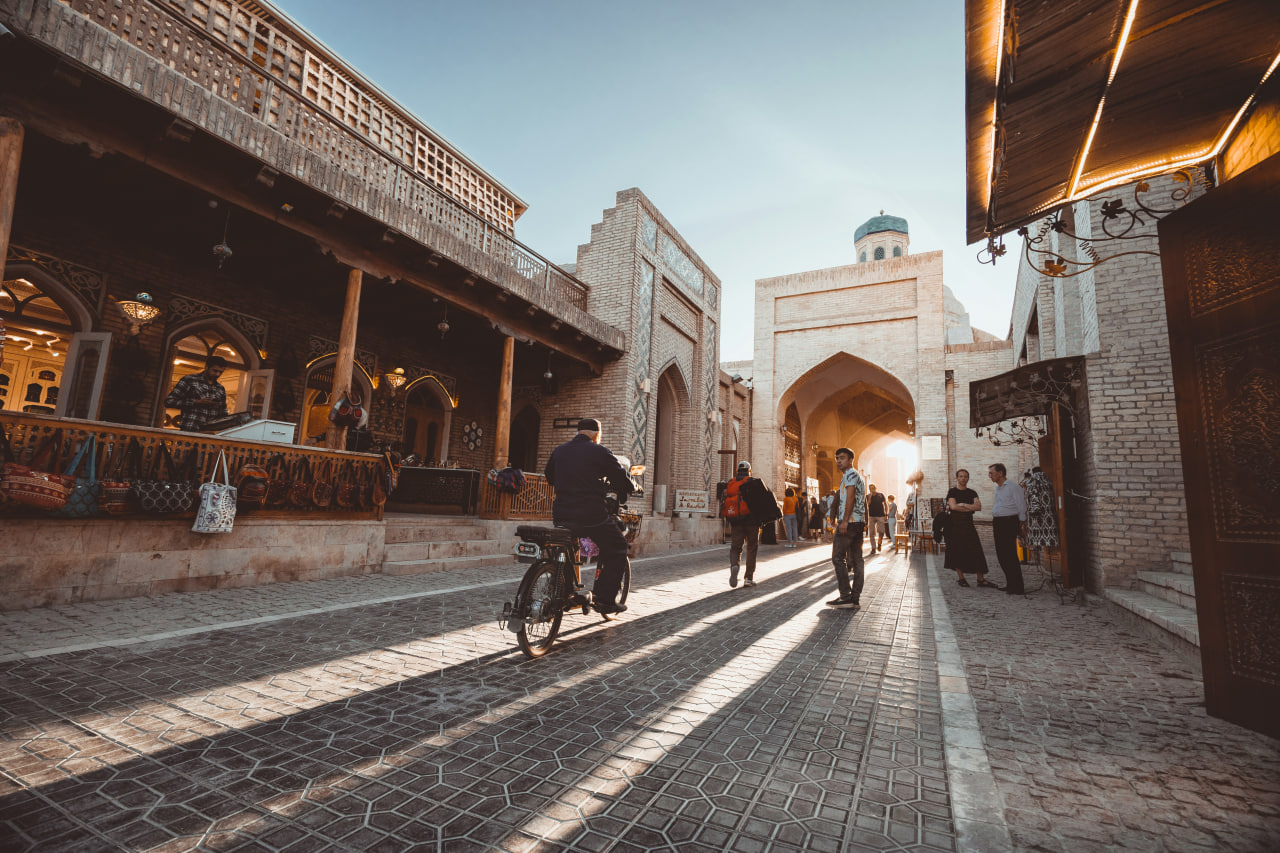 Enter the grand prayer hall of a historic Bukhara mosque